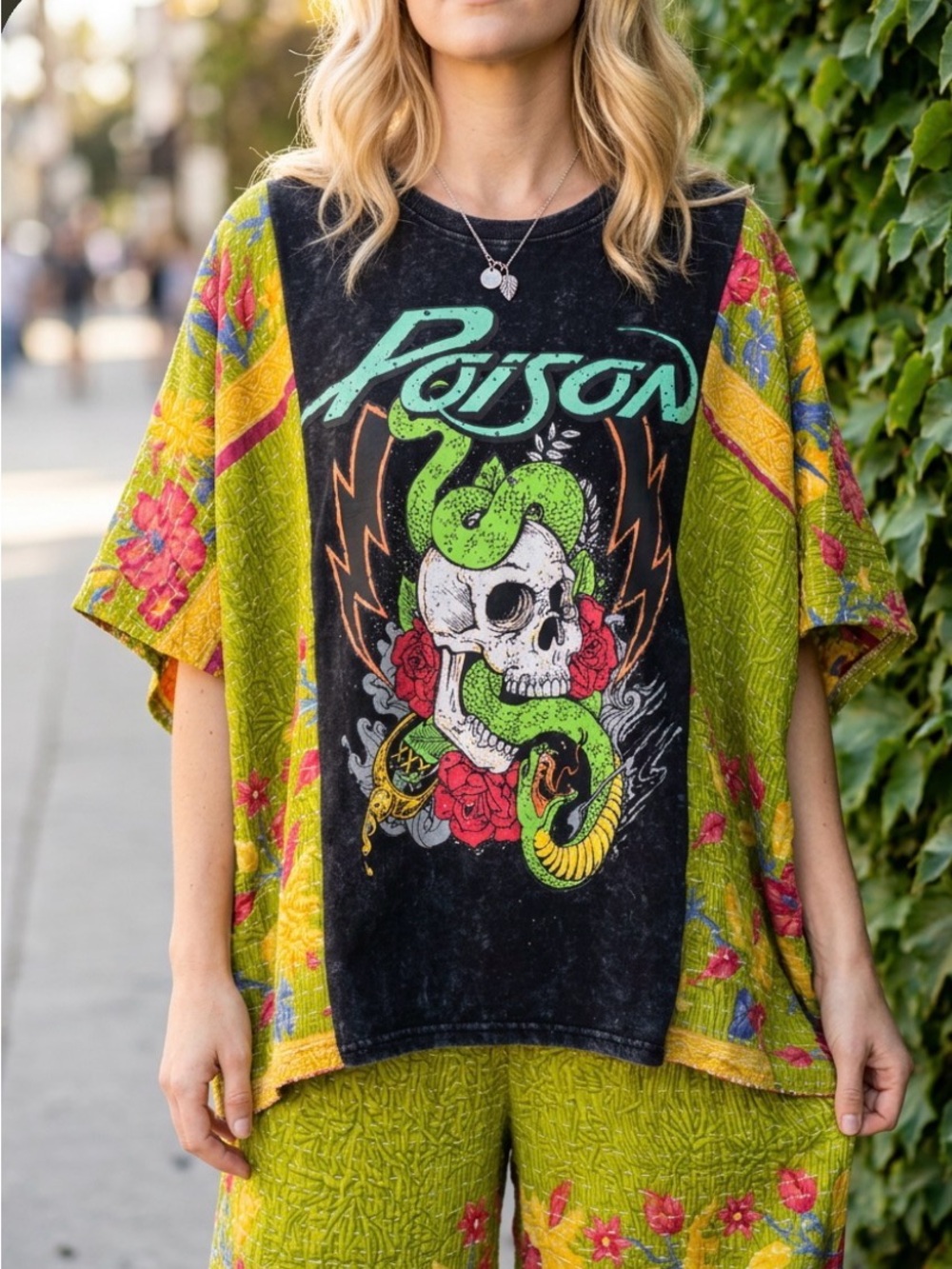 Kantha Upcycle Poison Skull & Snake Graphic Tee free size up to 3x